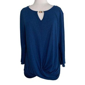 I N Studio Womens Blouse Shirt Size Large 3/4 Blue Bell Sleeves Metal Detail